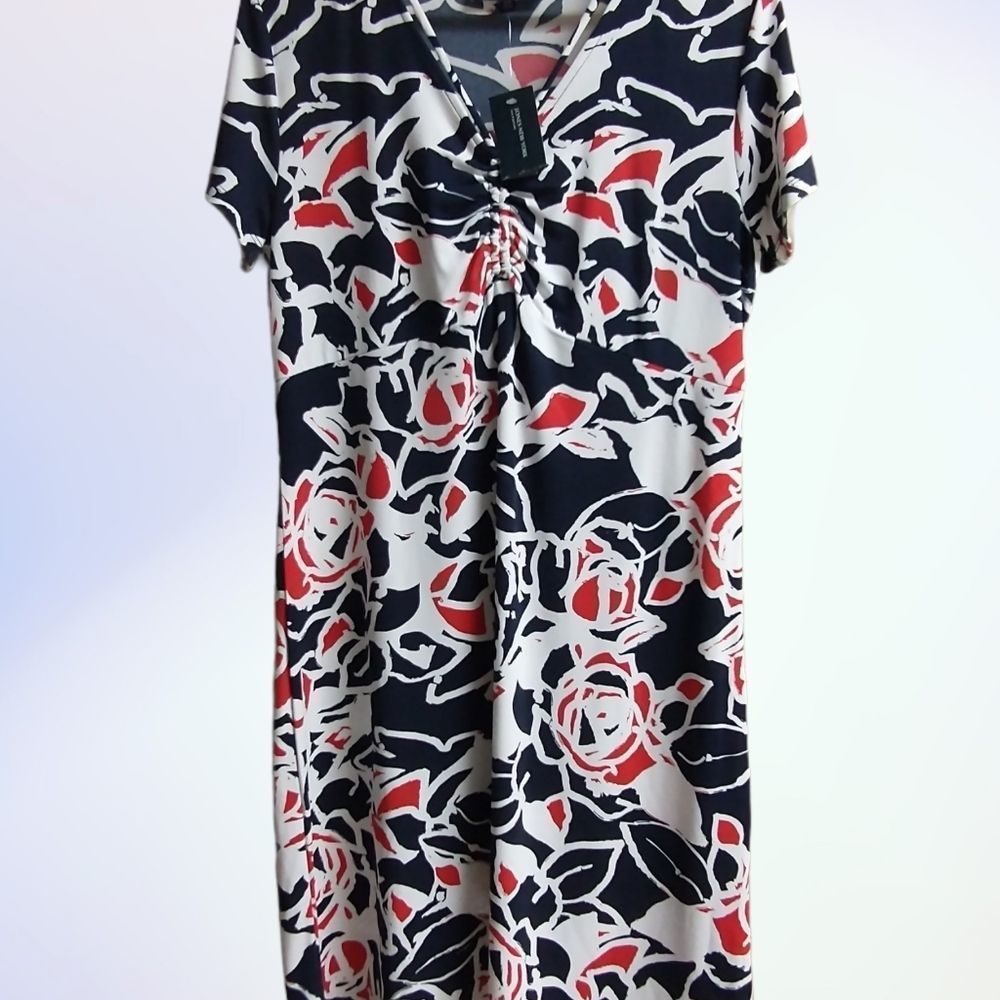 Jones New York Black, White & Red Floral Midi Dress